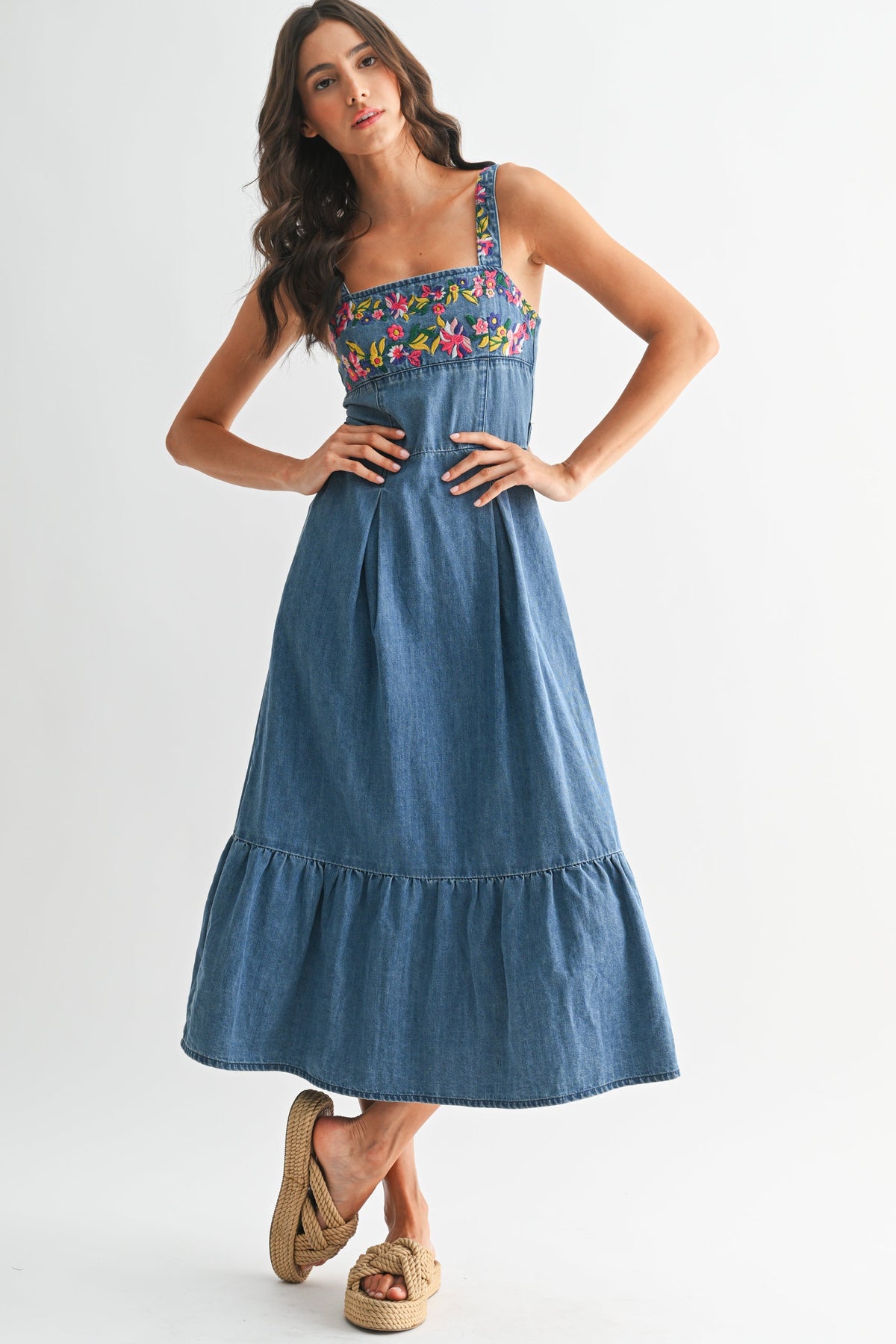 DENIM SQUARE NECK MIDI DRESS