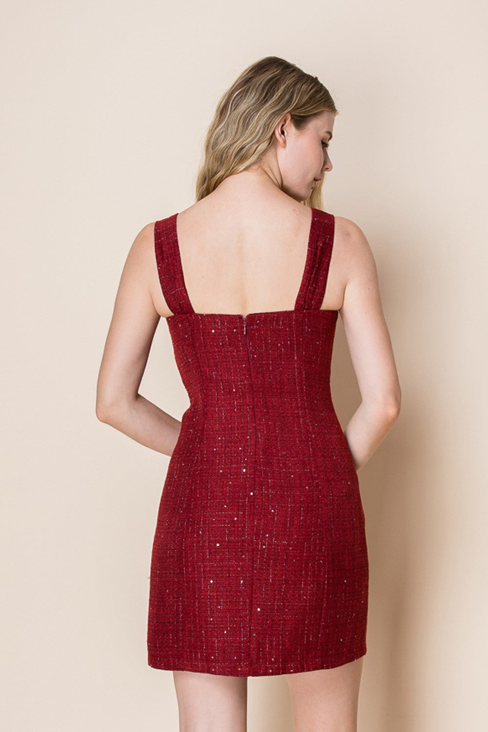 RED TWEED EMBELLISHED WITH SPARKLING CLASSIC CHRISTMAS DRESS