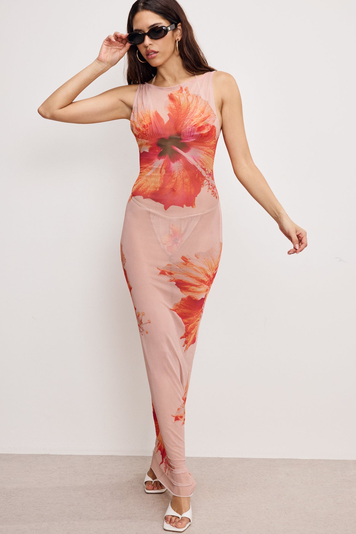 GAUZE MESH MAXI DRESS | MAUVE TROPICAL HIBISCUS001
