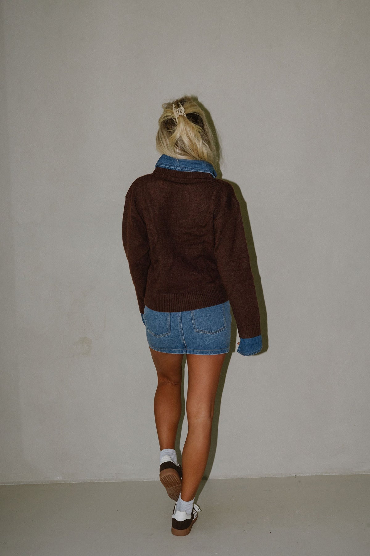 Denim Knit Top-Brown