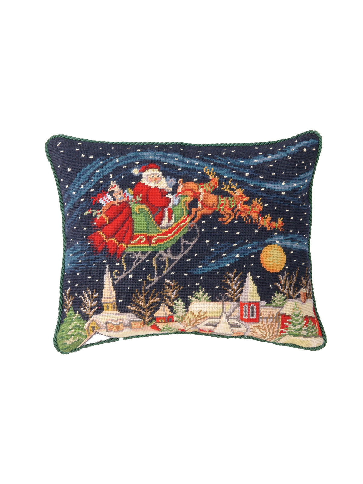 Santa in Snowy Sky Needlepoint Pillow