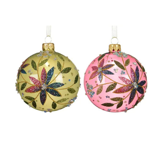 Yellow Pink Glitter Flower Ball Ornament