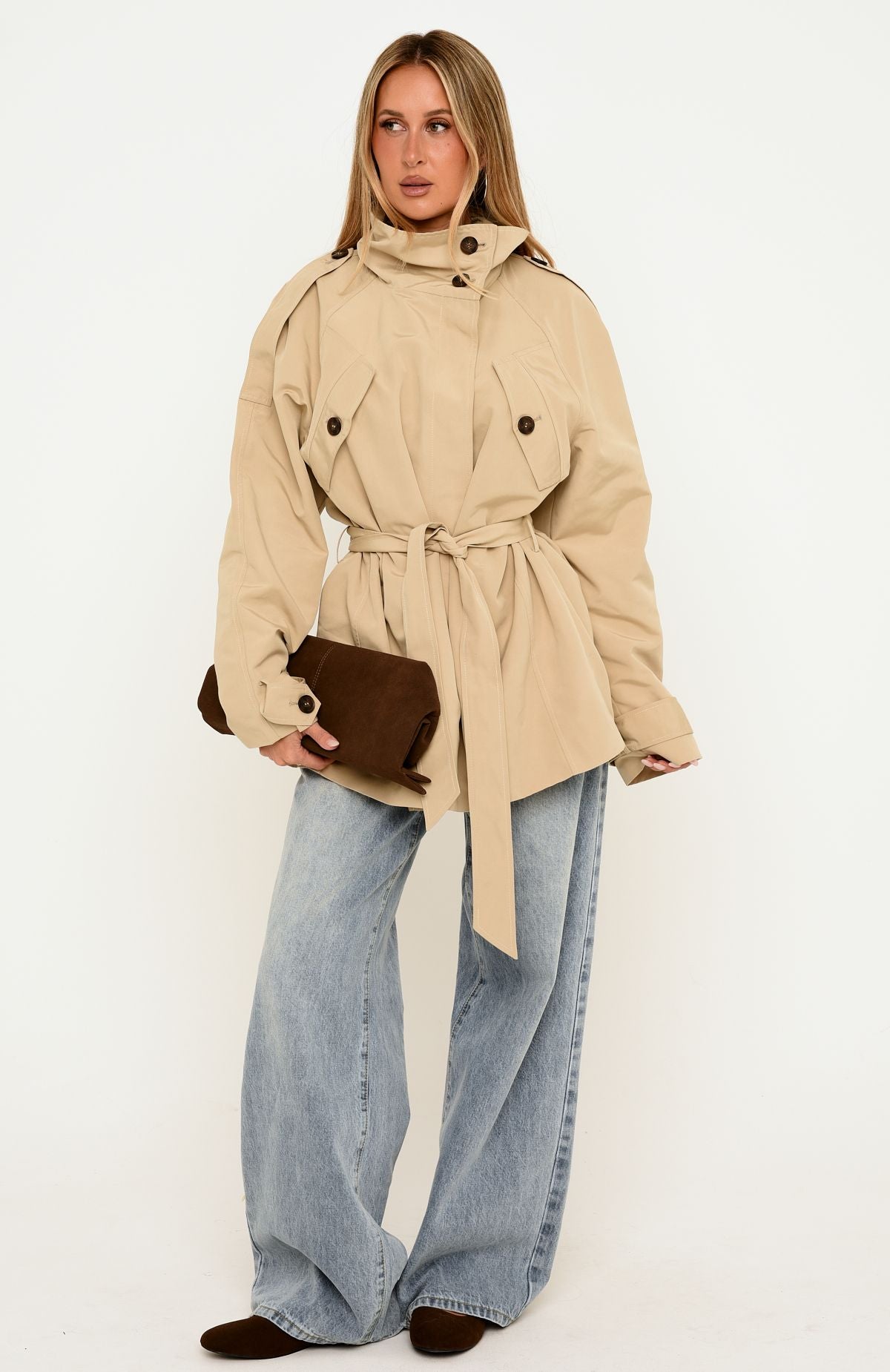 Thessaly Funnel Neck Cropped Trench Jacket Sand