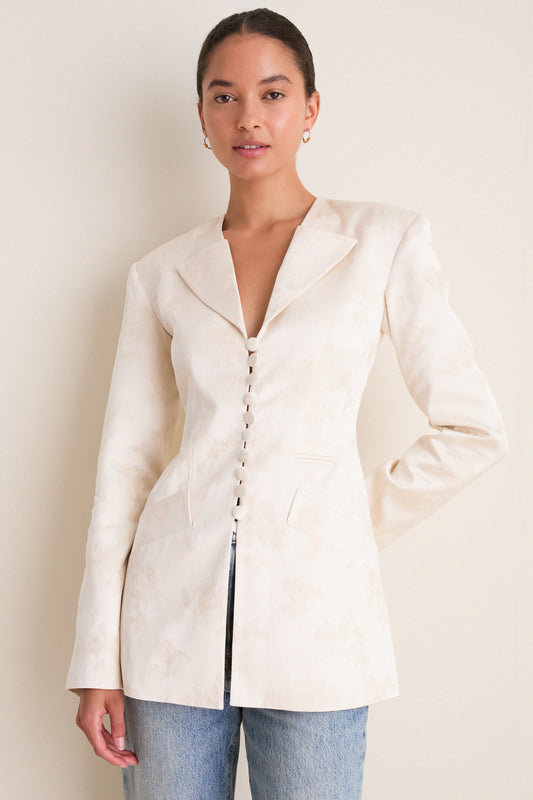 Egret Sateen Jacquard Long Button Blazer