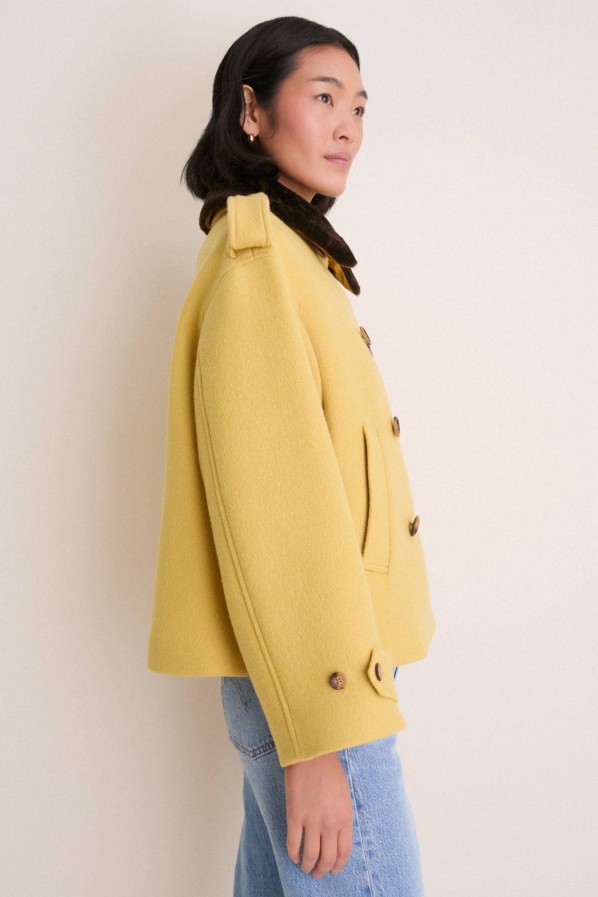 Yellow Woven Fur Collared Jacket