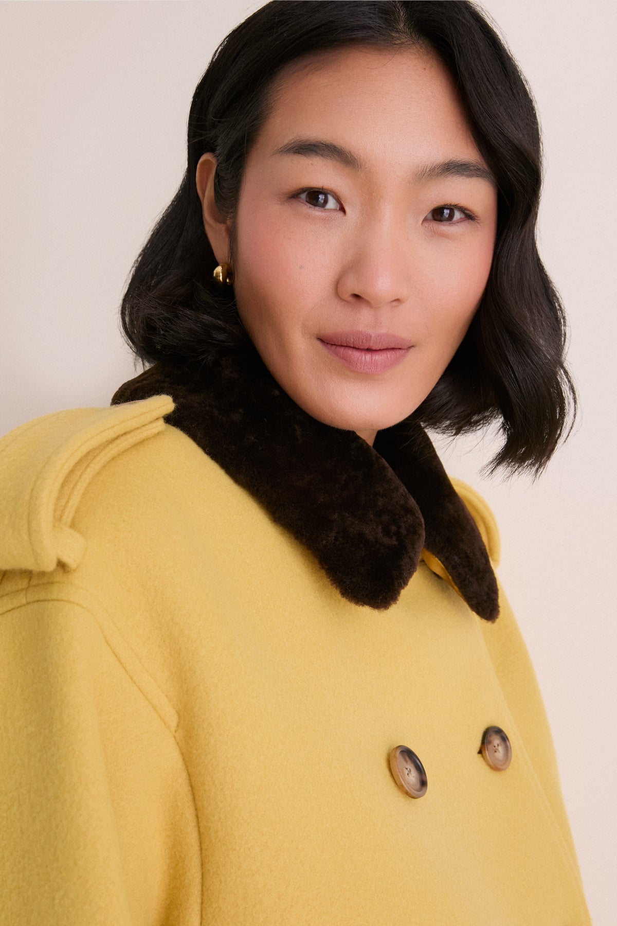 Yellow Woven Fur Collared Jacket