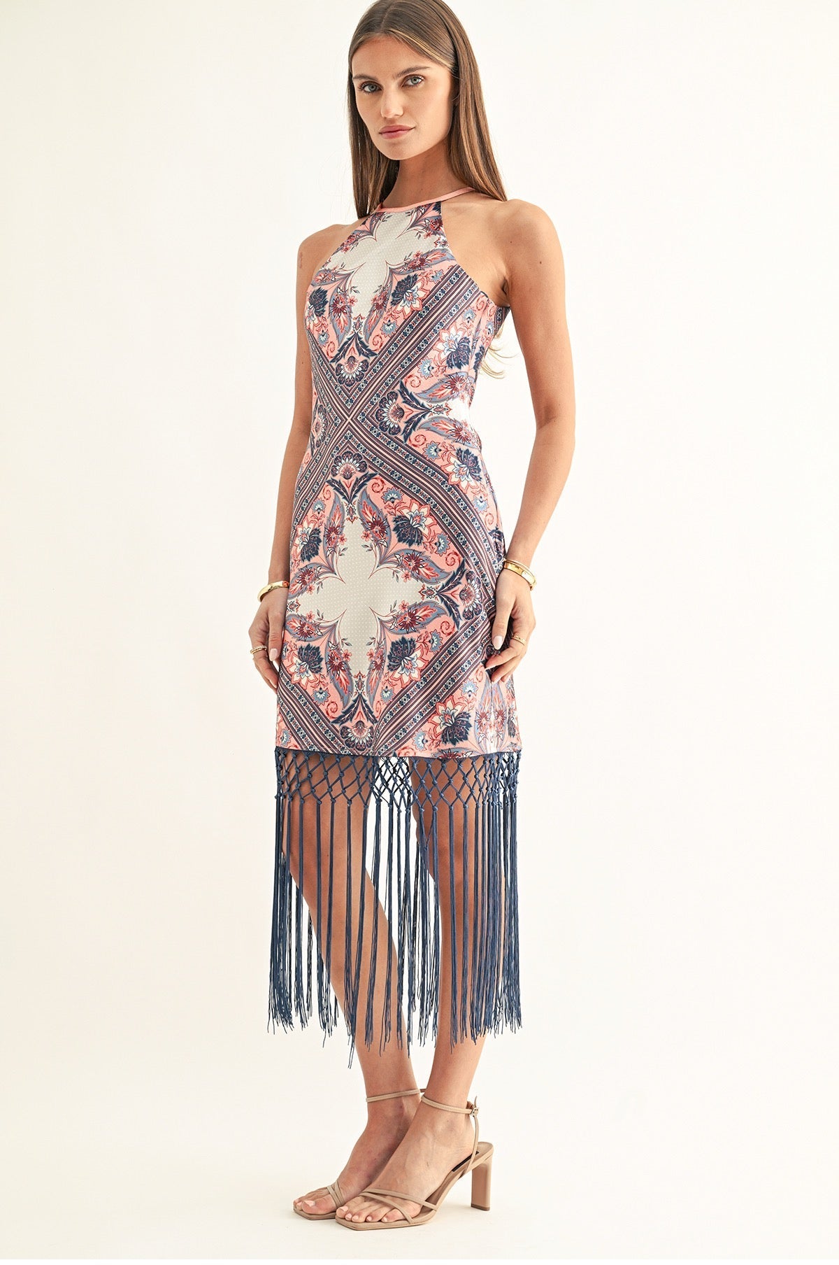 MORGAN BIAS MIDI DRESS WITH FRINGE HEM
