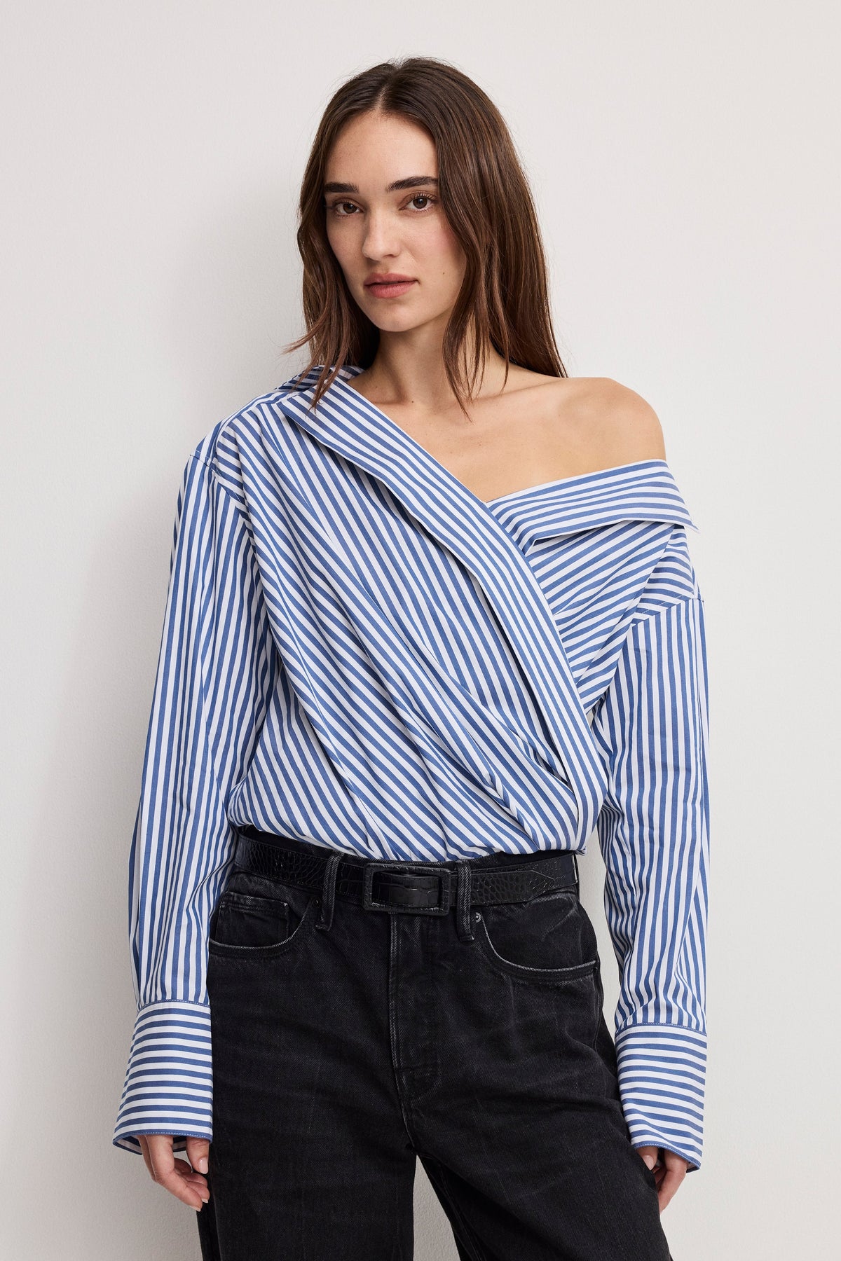 OFF-SHOULDER POPLIN BODYSUIT | INDIGO STRIPE