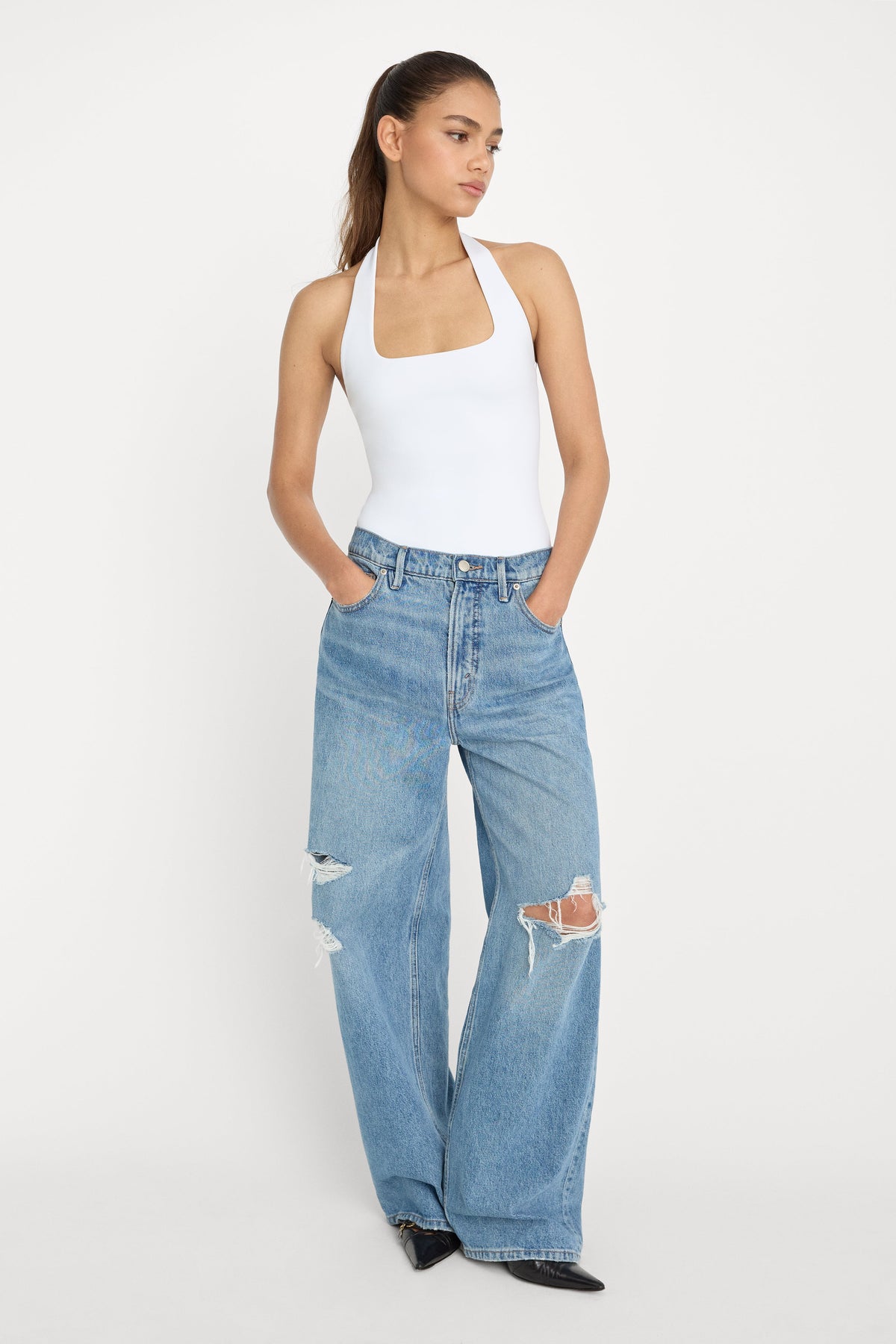 SCULPTING HALTER SQUARE NECK BODYSUIT | WHITE001