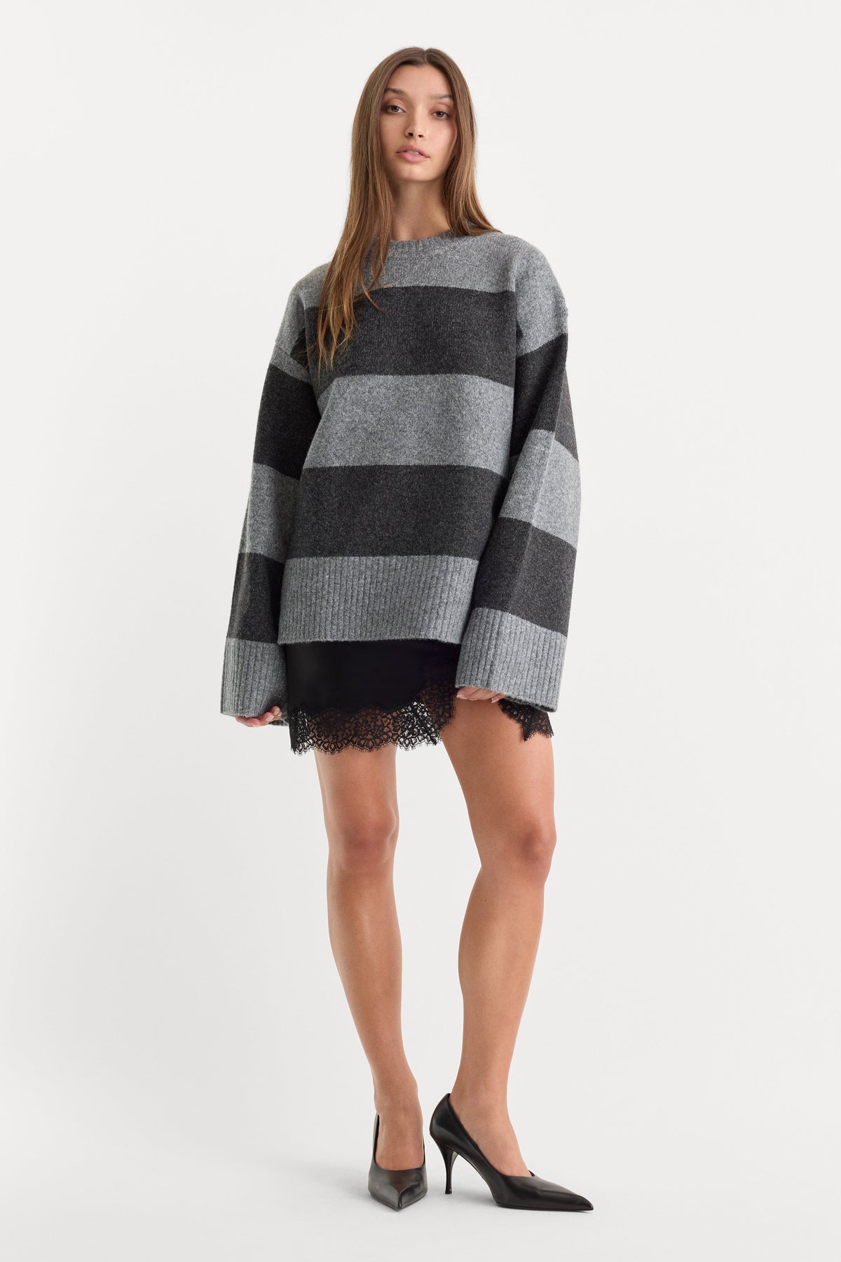 THE OVERSIZED CREW SWEATER | GREY MELANGE STRIPE