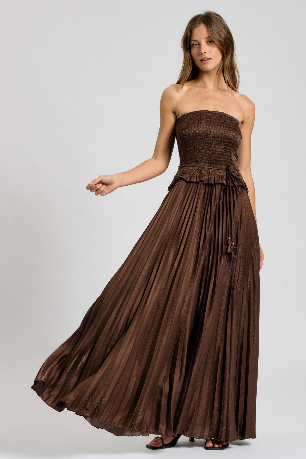 SMOCKED STRAPLESS PLEATED MAXI DRESS