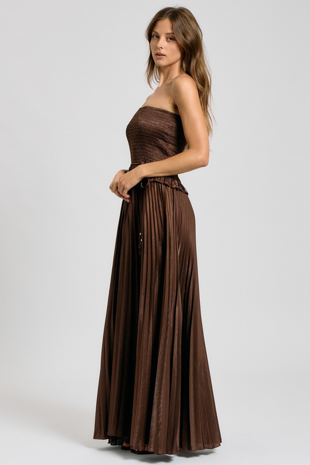 SMOCKED STRAPLESS PLEATED MAXI DRESS