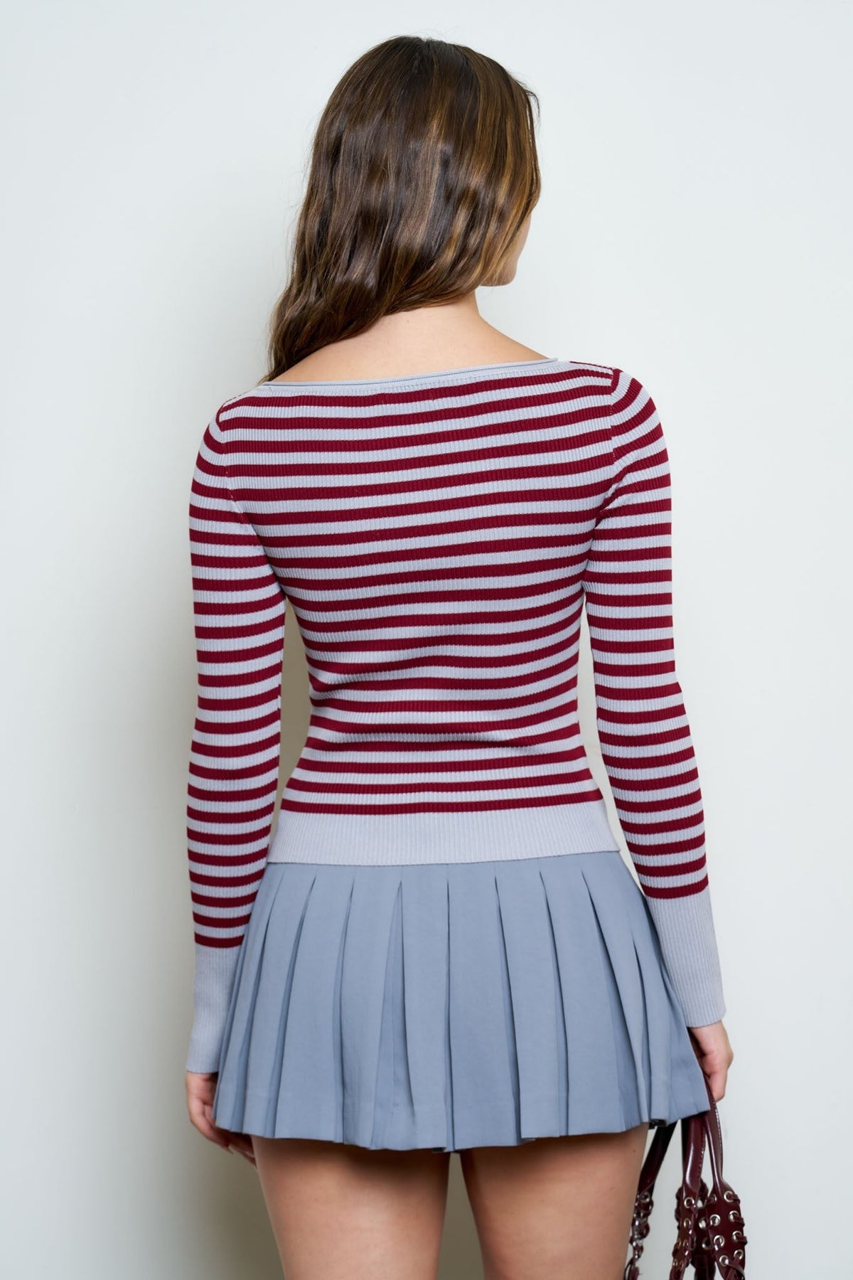 BOAT NECK STRIPE RIBBED SWEATER TOP
