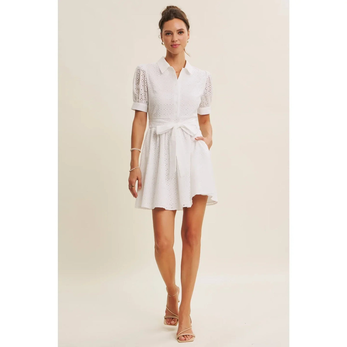 COTTON EYELET BUTTON-DOWN MINI DRESS