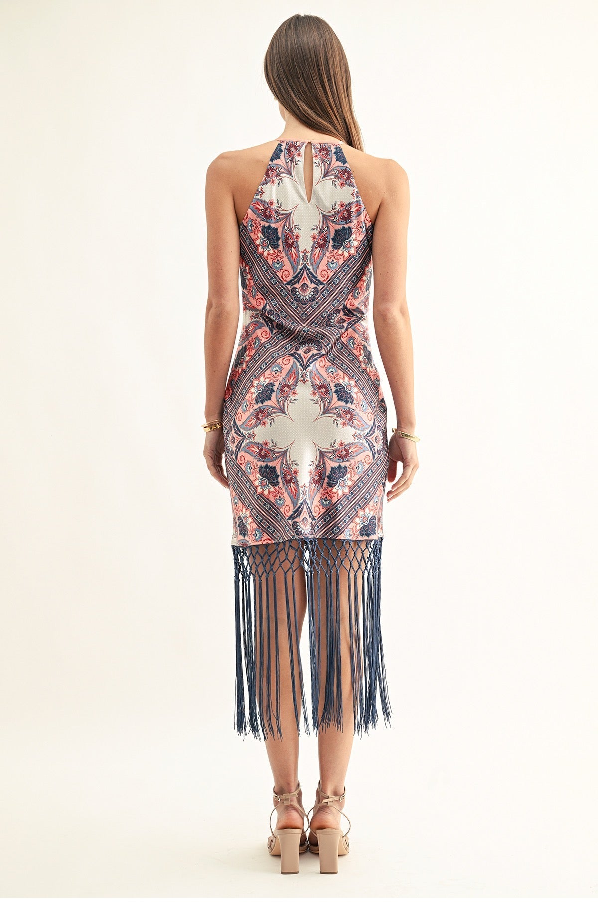 MORGAN BIAS MIDI DRESS WITH FRINGE HEM