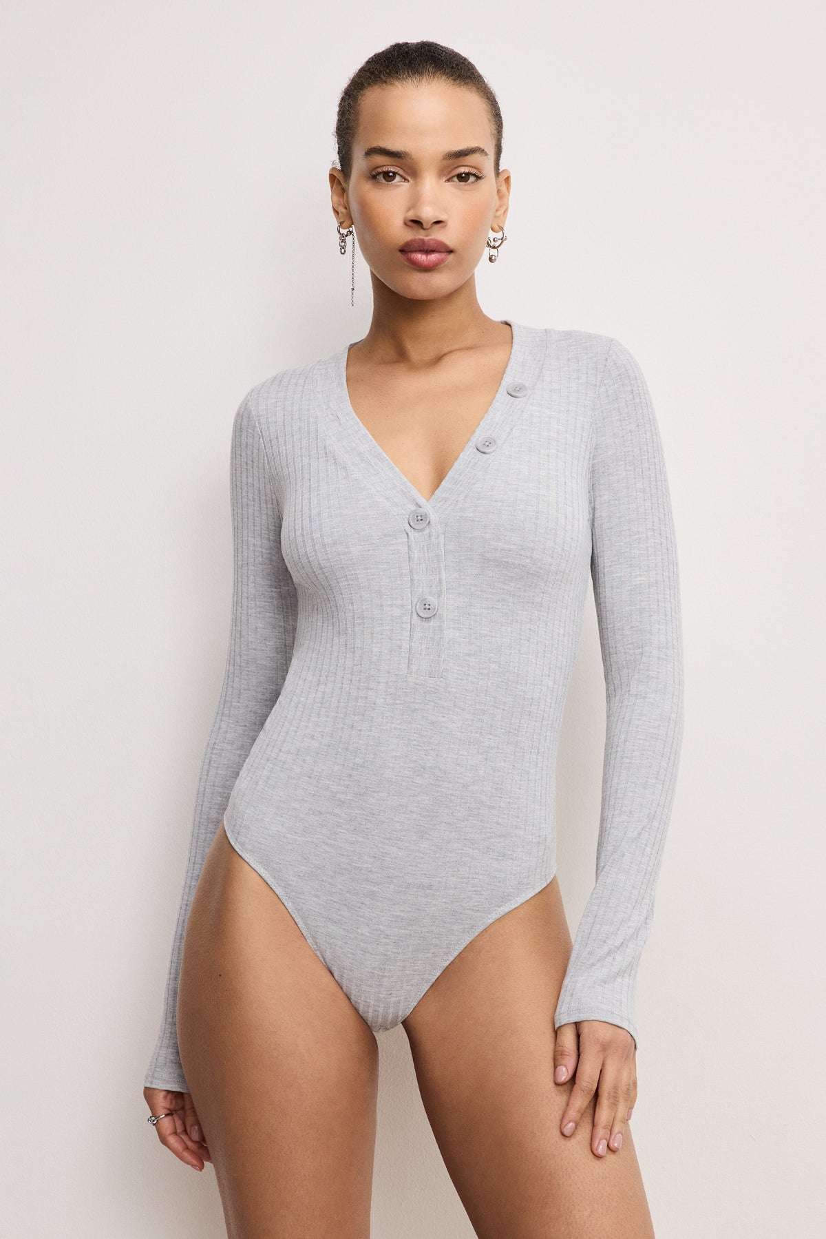RIBBED HENLEY BODYSUIT | HEATHER GREY001