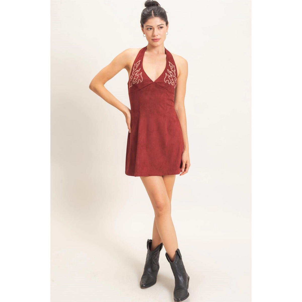 SUEDE V-NECK HALTER DRESS