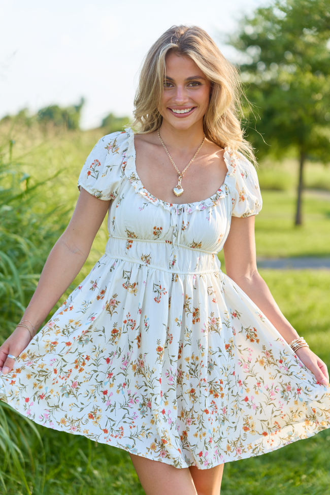 Sunlit Garden Ivory Multi Floral Puff Sleeve Mini Dress