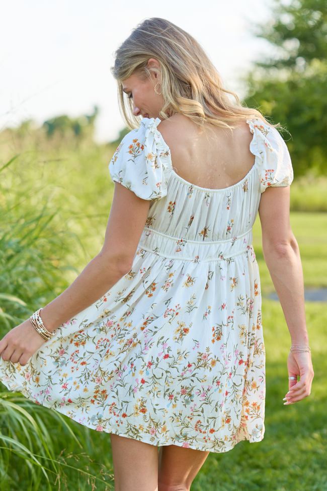 Sunlit Garden Ivory Multi Floral Puff Sleeve Mini Dress