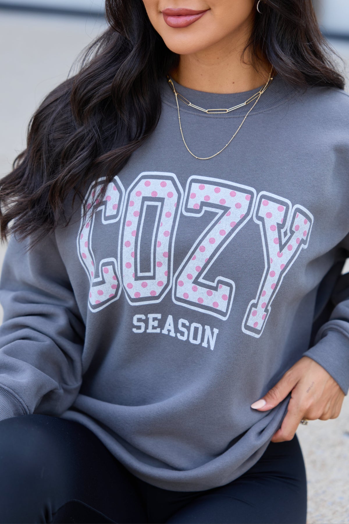 Cozy Season Polka Dot Dark Grey Graphic Sweatshirt