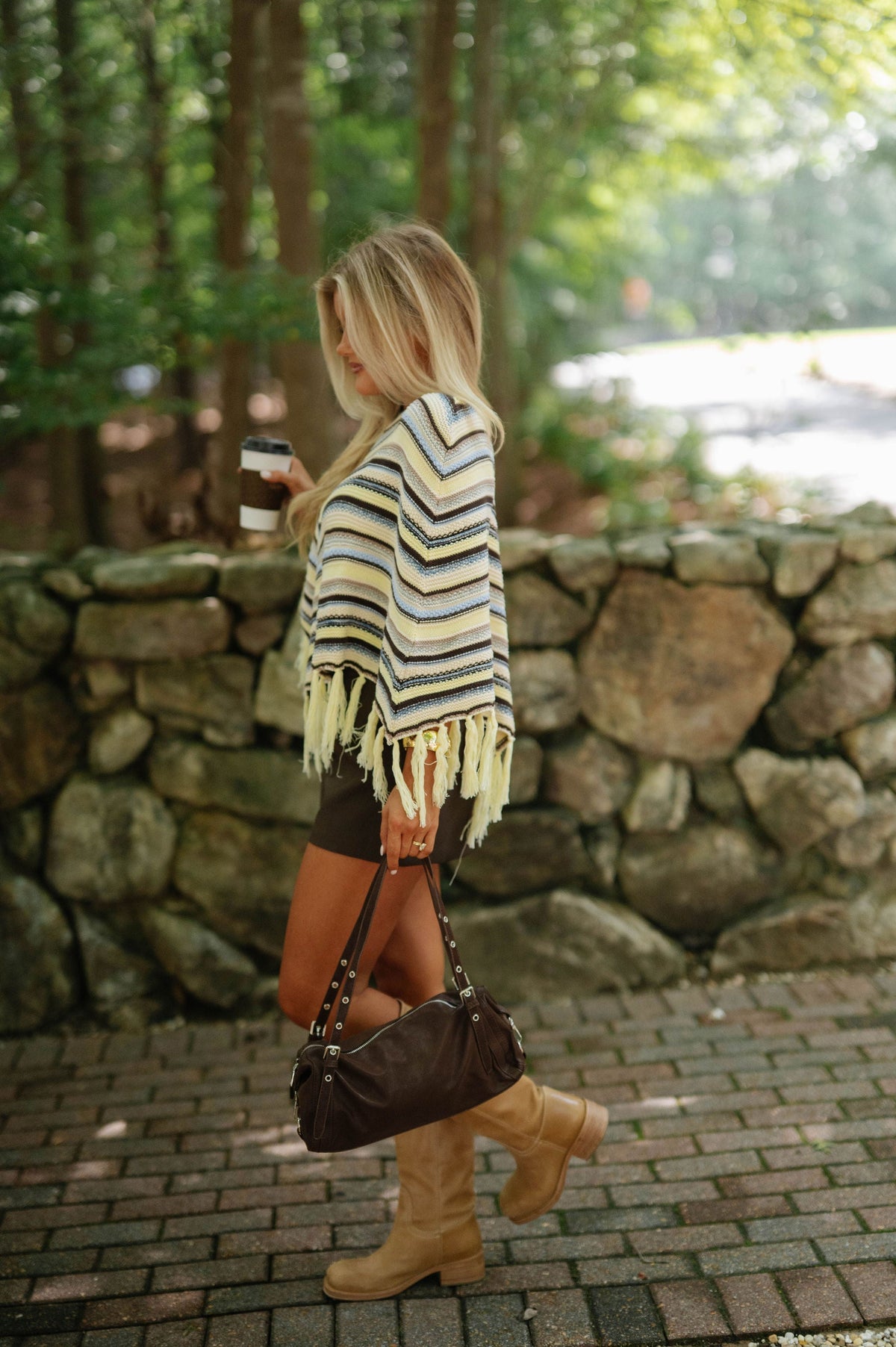 Chevron Striped Fringe Knit Poncho-Yellow