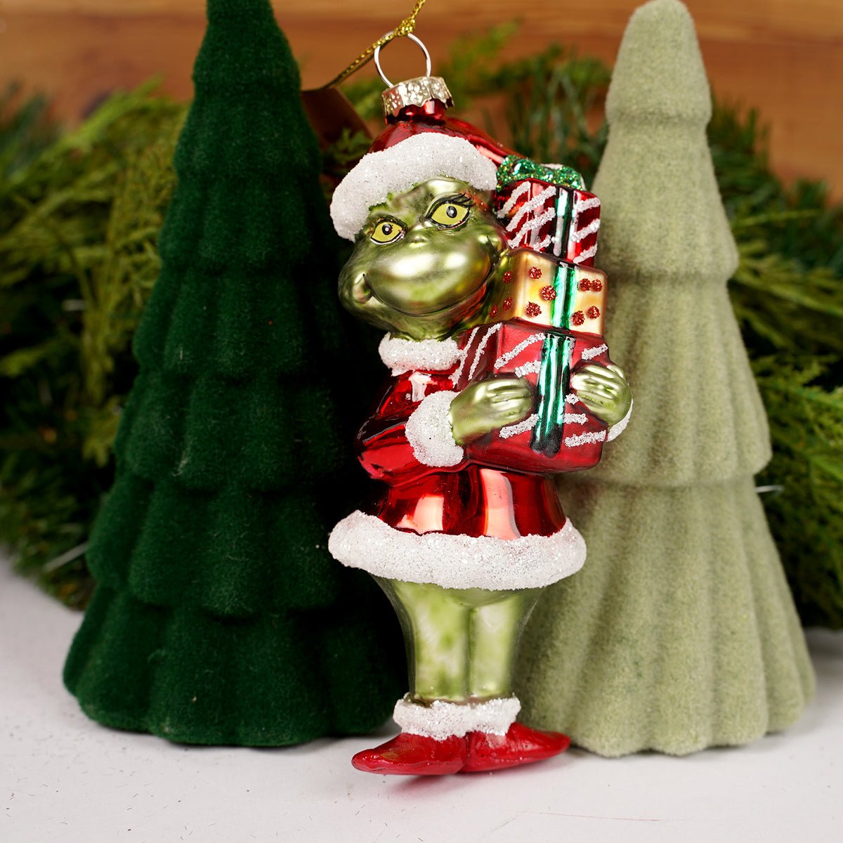 Glass Grinch With Presents Ornament