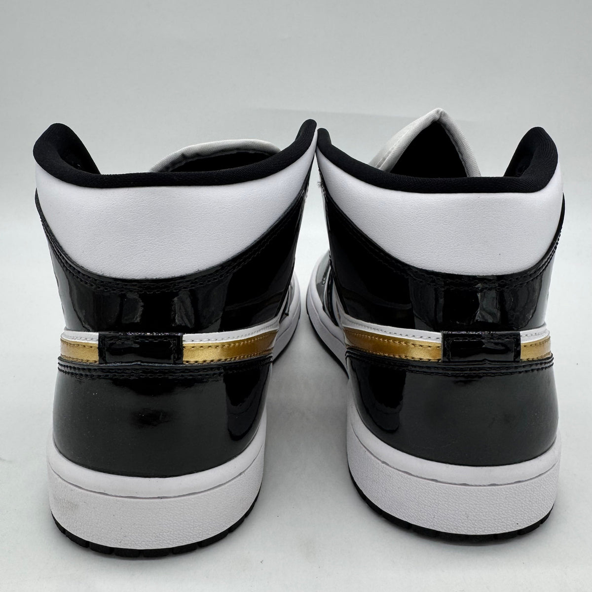 Jordan 1 Mid Patent Black White Gold