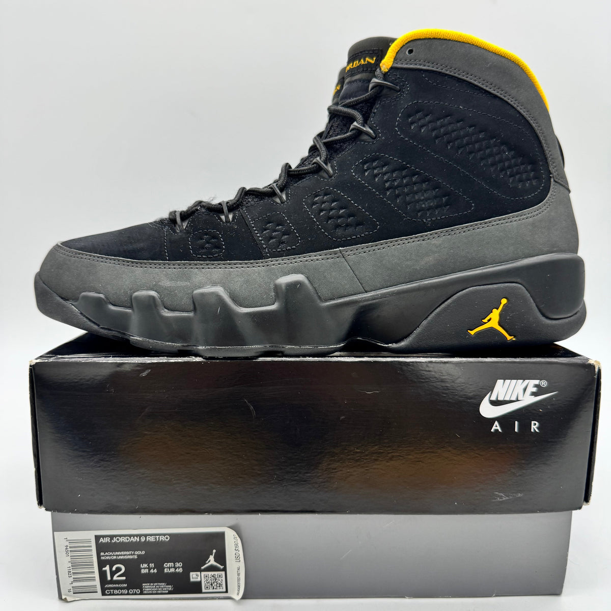 Jordan 9 Dark Charcoal University Gold
