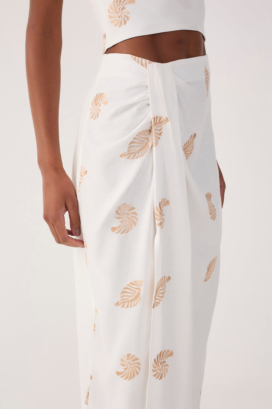 OFF-WHITE SHELL EMBROIDERED DRAPED LINEN MAXI SKIRT