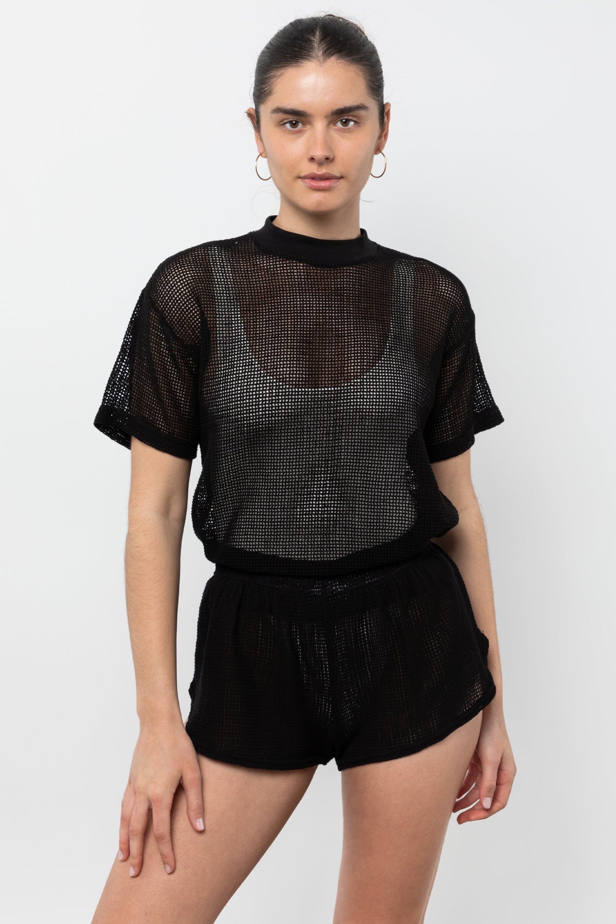 RIN401GD - Cotton Mock Neck Fishnet Garment Dye T-Shirt