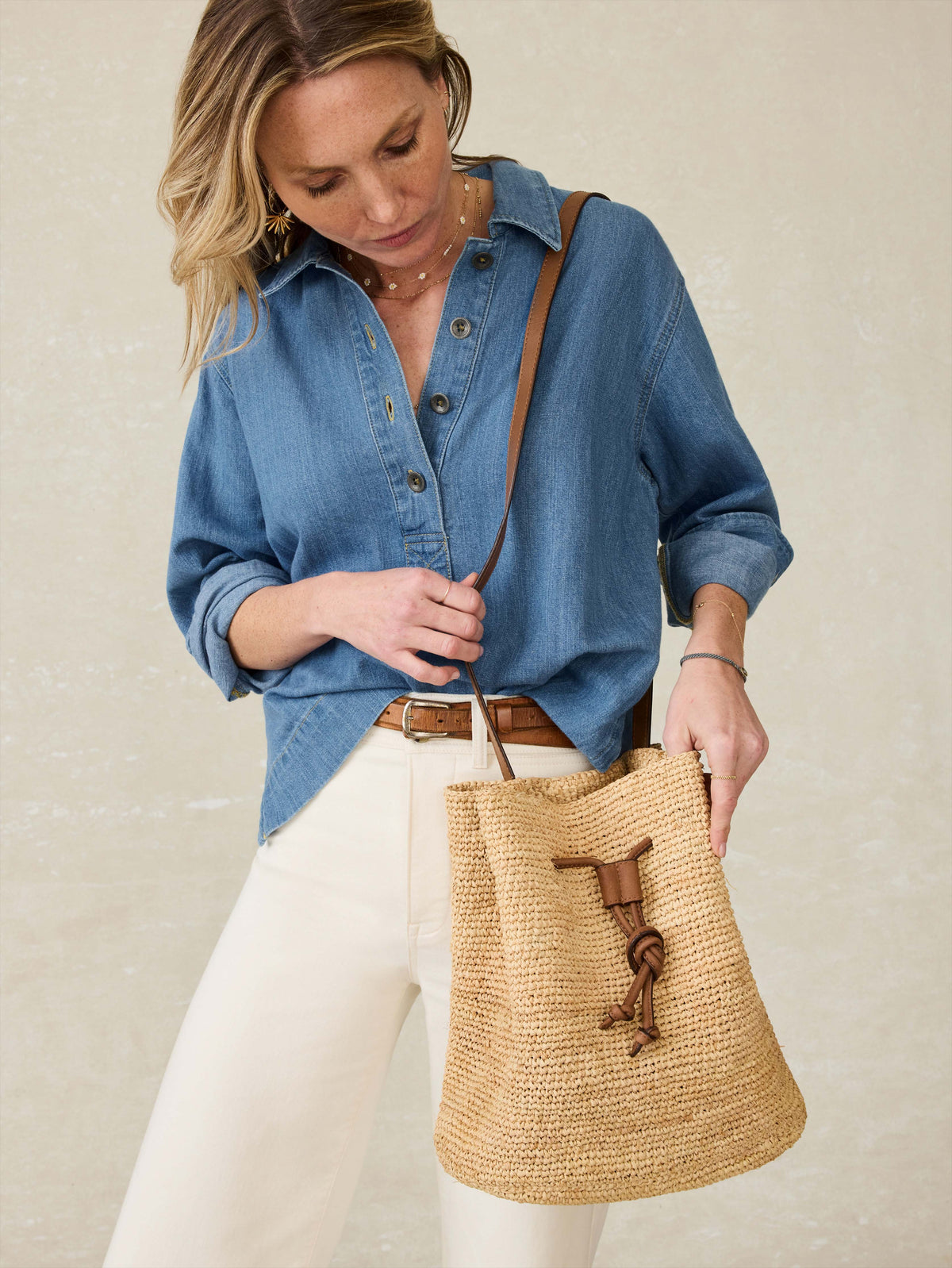 Raffia Drawstring Bucket Bag - Natural