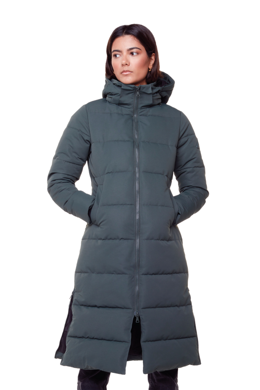 KLUANE | WOMEN'S VEGAN DOWN (RECYCLED) ULTRA LONG LENGTH PARKA, FOREST GREEN