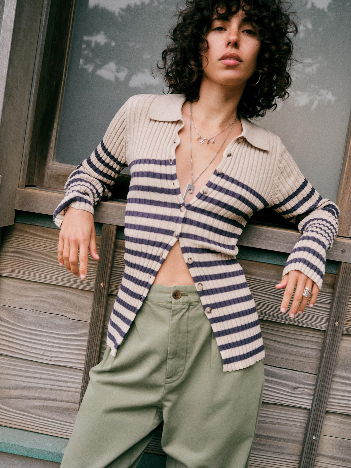 Sunwashed Cotton Ribbed Cardigan - Salted Navy Stripe