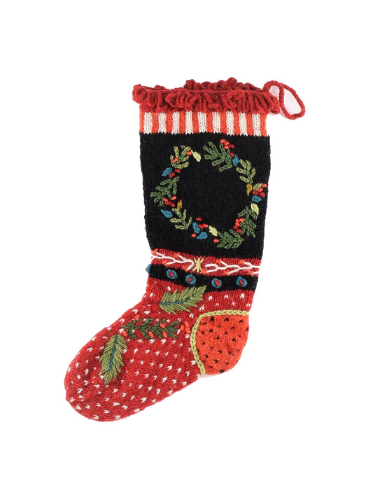 Wreath Wool Knit Christmas Stocking