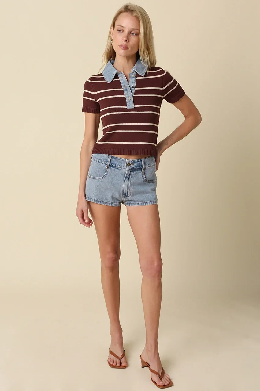 SHORT SLEEVE SWEATER WITH DENIM CONTRAST