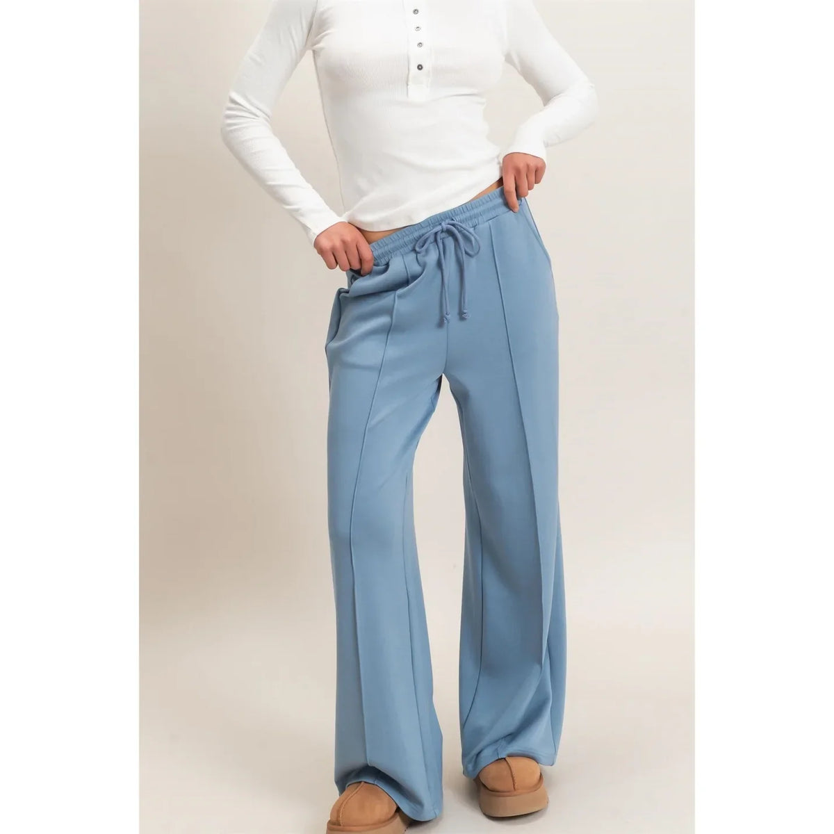 DRAWSTRING WAIST PINTUCK WIDE LEG PANTS