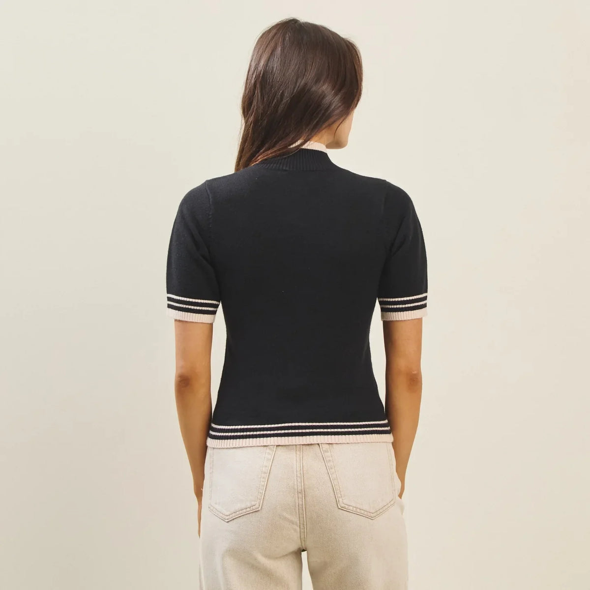 COLOR CONTRAST DETAILED MOCK NECK SWEATER TOP