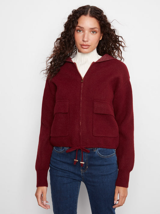 Zip-Front Knit Hooded Jacket - Merlot