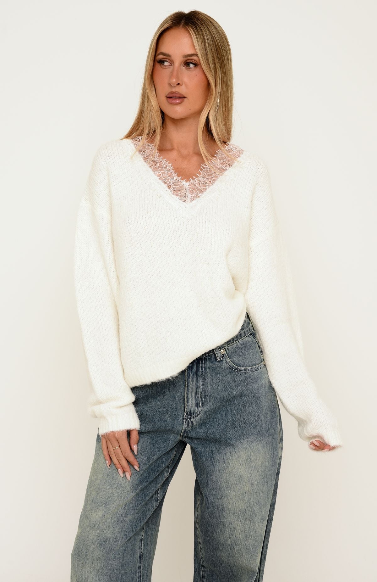 Rosaline Lace Knit Sweater Off White