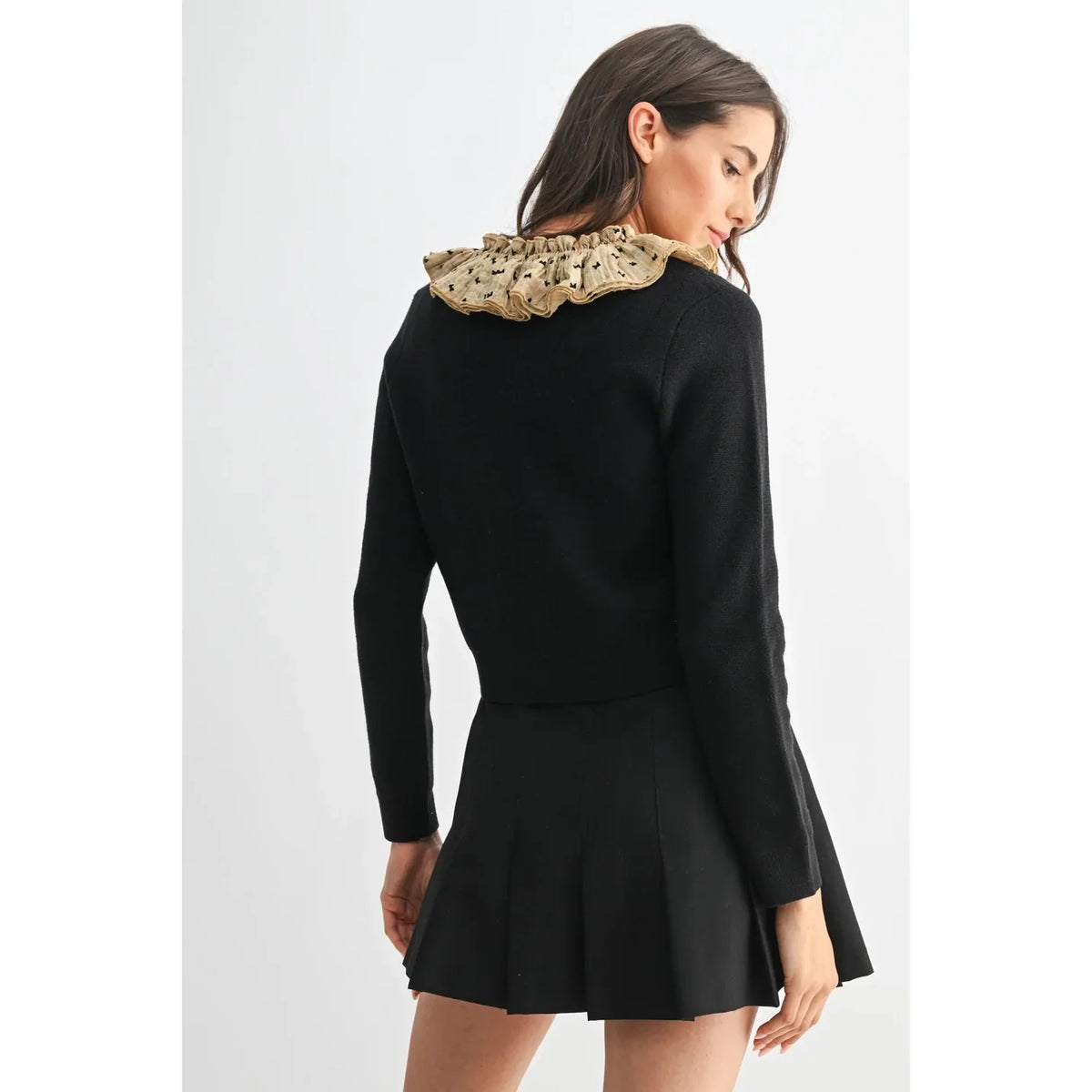 BUTTON-DOWN CARDIGAN WITH RUFFLED COLLAR