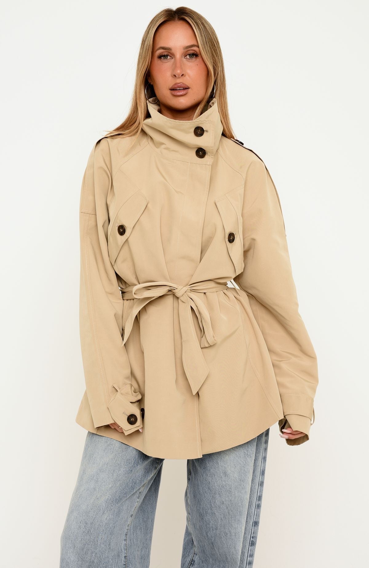 Thessaly Funnel Neck Cropped Trench Jacket Sand