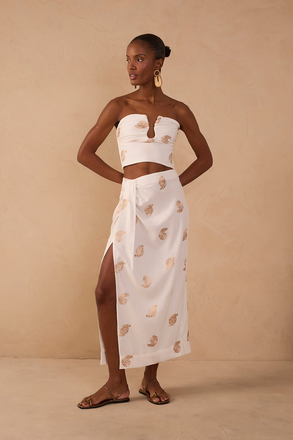 OFF-WHITE SHELL EMBROIDERED DRAPED LINEN MAXI SKIRT