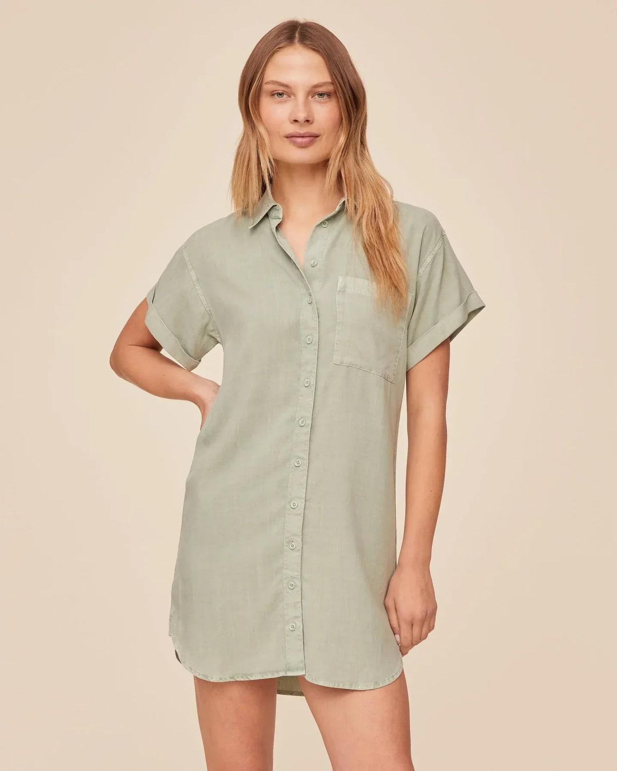 ROLL SLEEVE POCKET SHIRT DRESS
