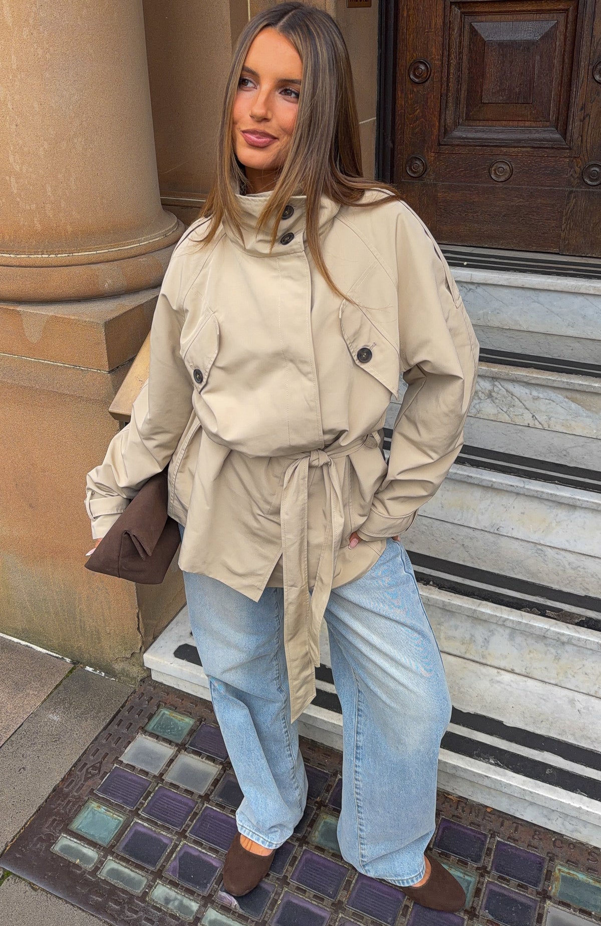 Thessaly Funnel Neck Cropped Trench Jacket Sand