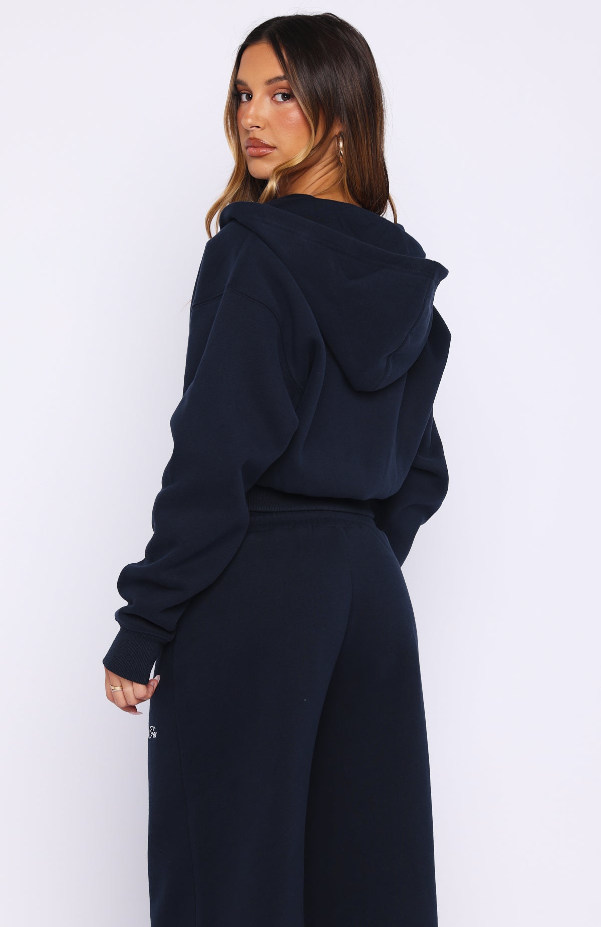 Wishing For It Cropped Cinched Zip Front Hoodie Navy
