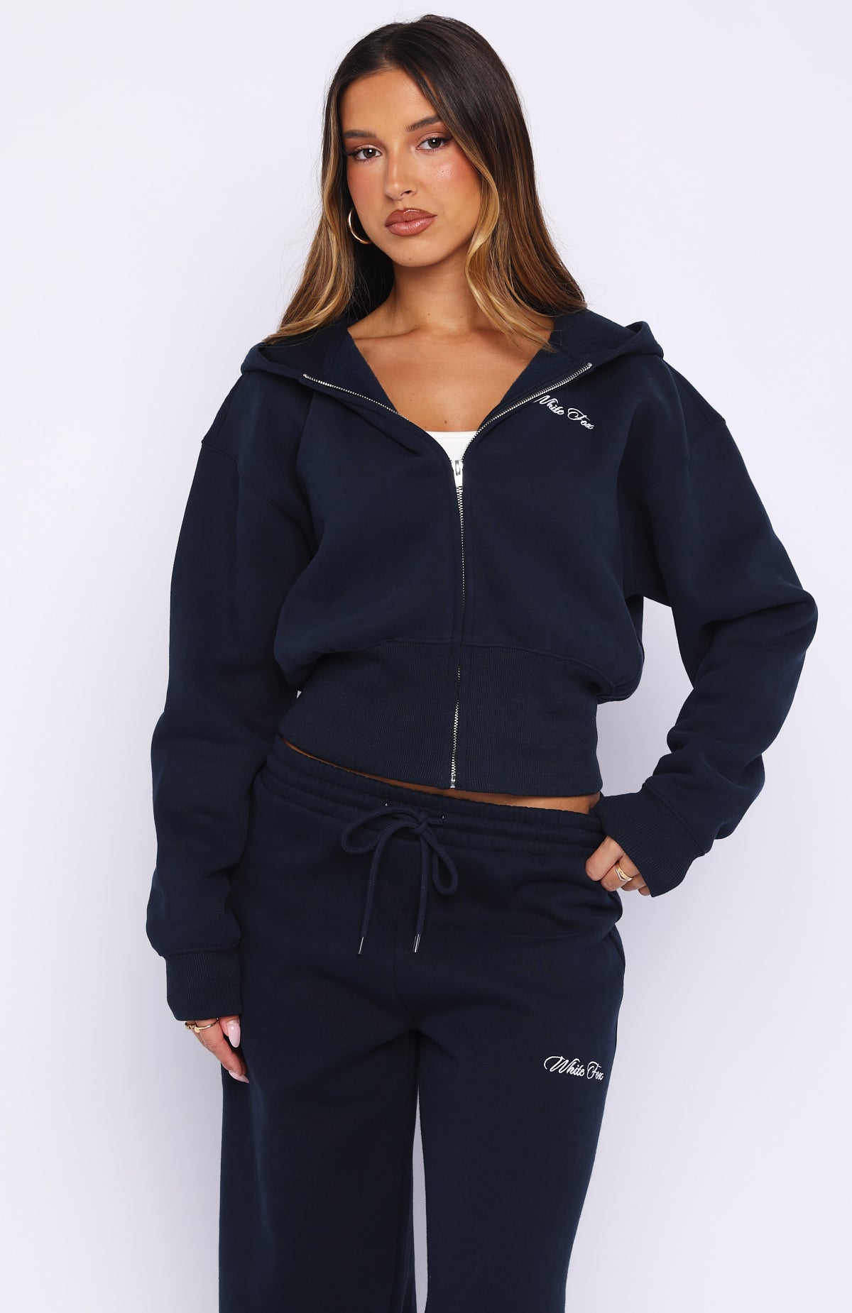 Wishing For It Cropped Cinched Zip Front Hoodie Navy